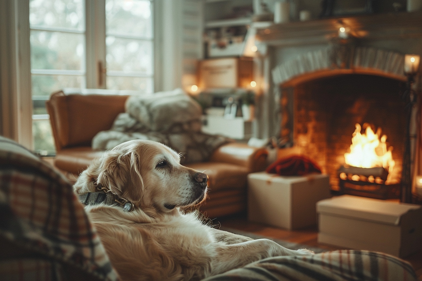 Vieux chien heureux explorant son nouveau domicile à Montauban après un déménagement réussi