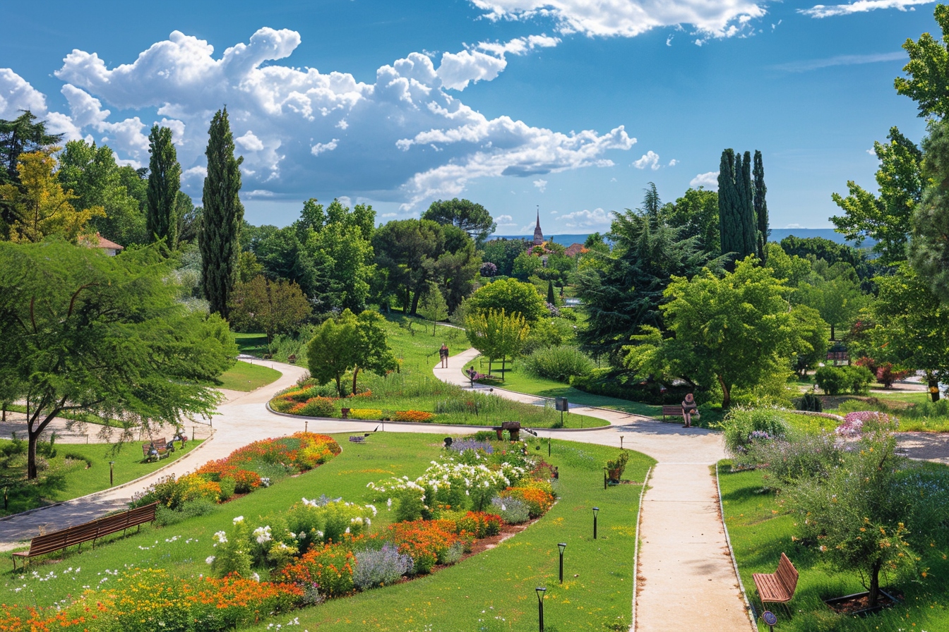 Vue panoramique d'un parc luxuriant avec des familles se détendant sous les arbres centenaires à Montauban, illustrant la beauté et la tranquillité des espaces verts de la ville.